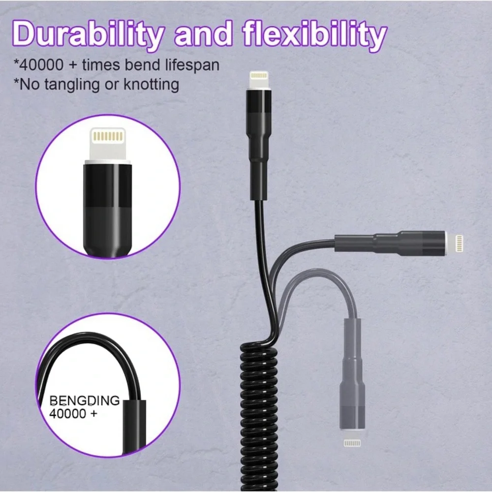 USB Data Synch & Charging Cable (Retractable, Coil USB A to Lightning Cable)